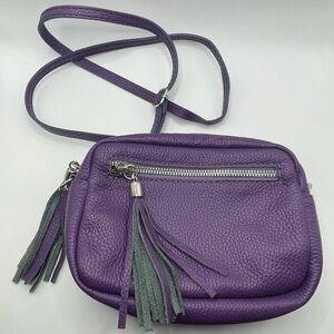 Genuine Purple Leather Made in Italy Tassel  Crossbody Bag Purse